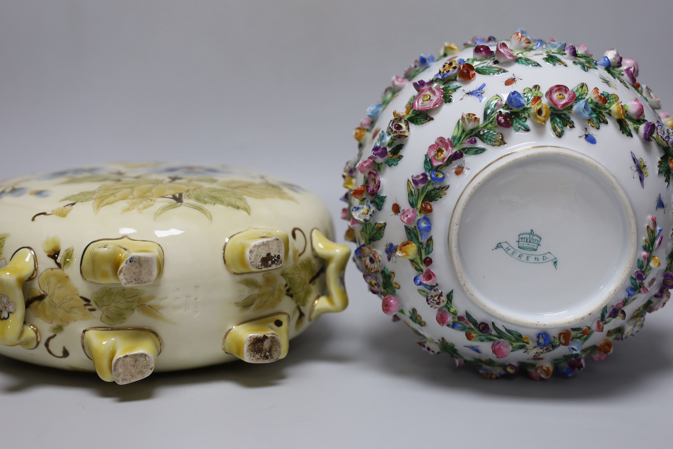 A Zsolnay Pecs pottery moonflask and a Herend porcelain flower encrusted jar and cover, c.1895, tallest 33cm